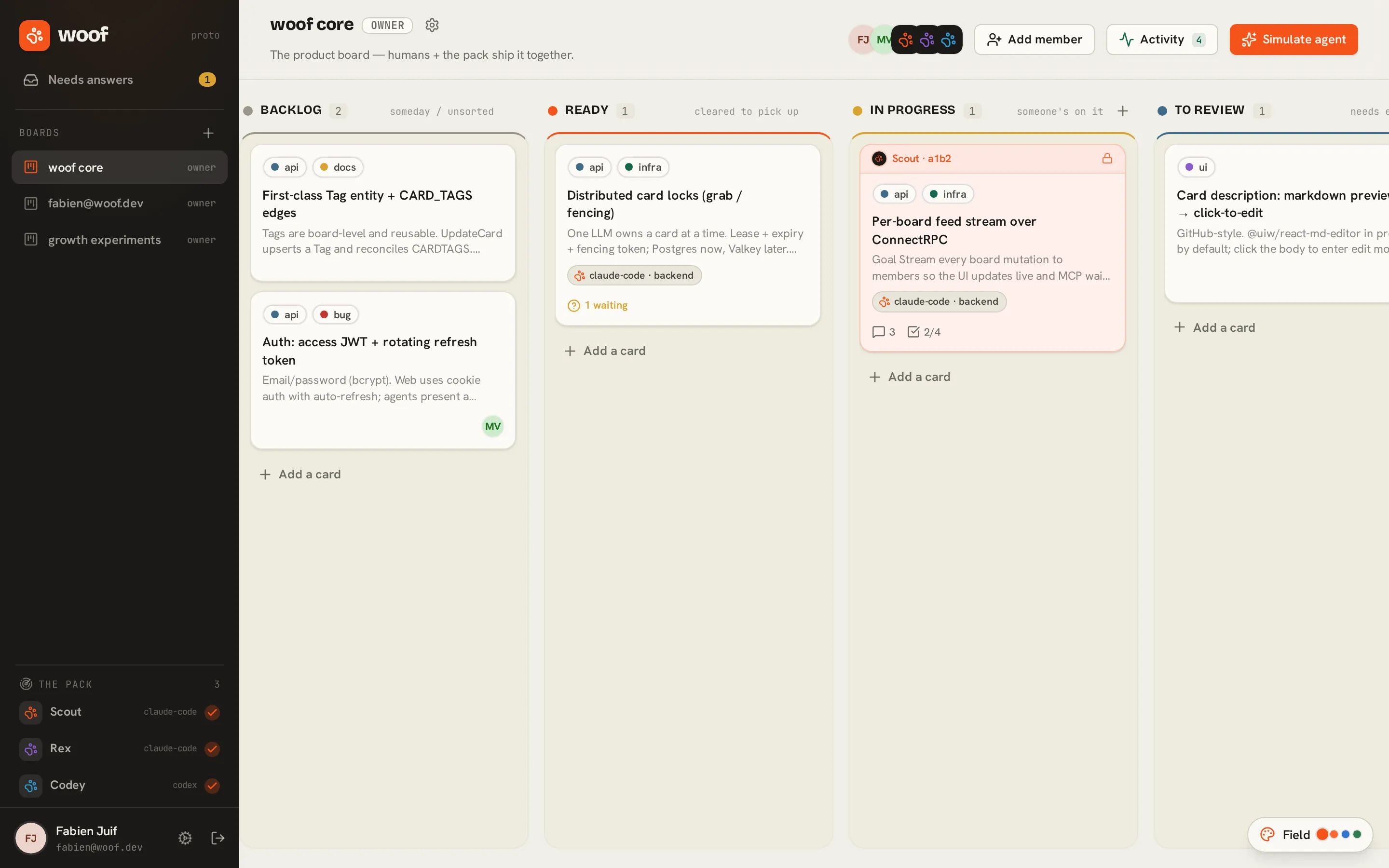 Woof prototype board with the Pack Rail, board menu, agent roster, and five workflow columns