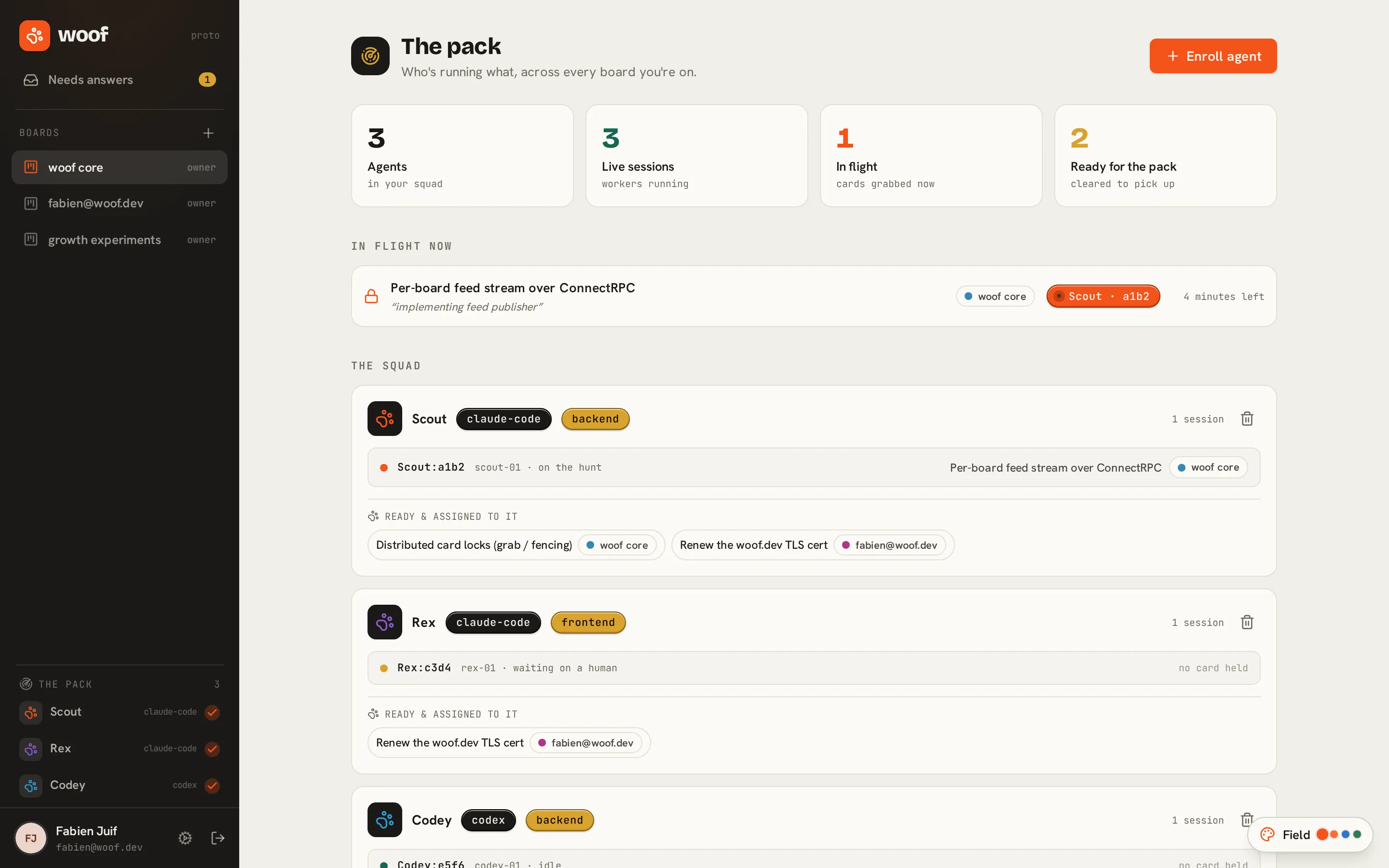 Woof prototype Pack overview showing agent sessions and work across boards